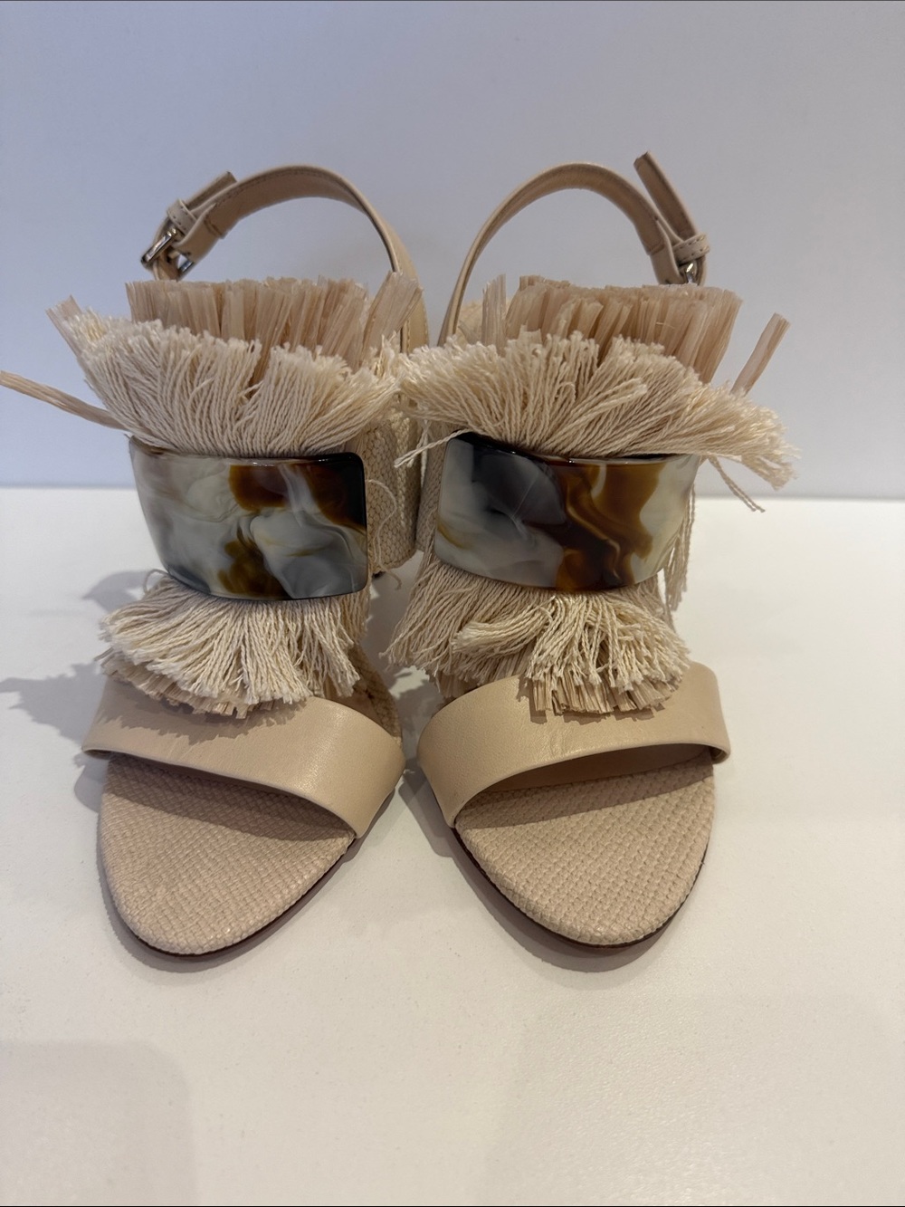 Uterque Neutral Fringe Heeled Sandals with Marbled Accent